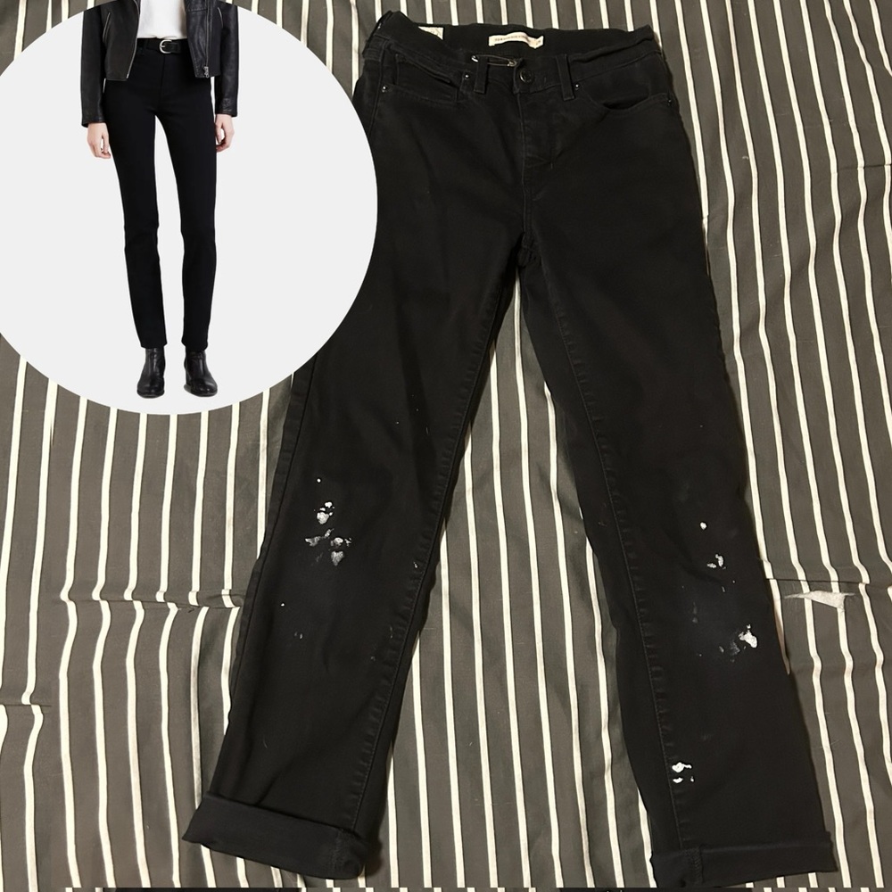 Levi’s Strauss paint splatter 724 high rise straight leg black jeans 25